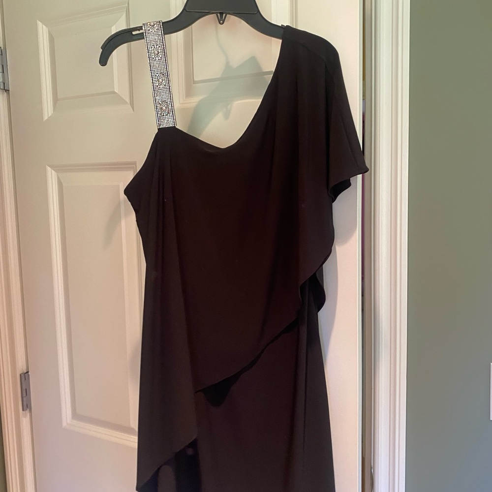 MSK Black One-Shoulder Dress with Rhinestone/Pearl Strap